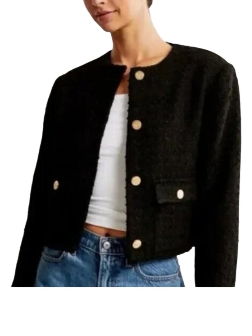 Abercrombie & Fitch Black Collarless Tweed Jacket Gold Buttons Size M - Picture 1 of 12